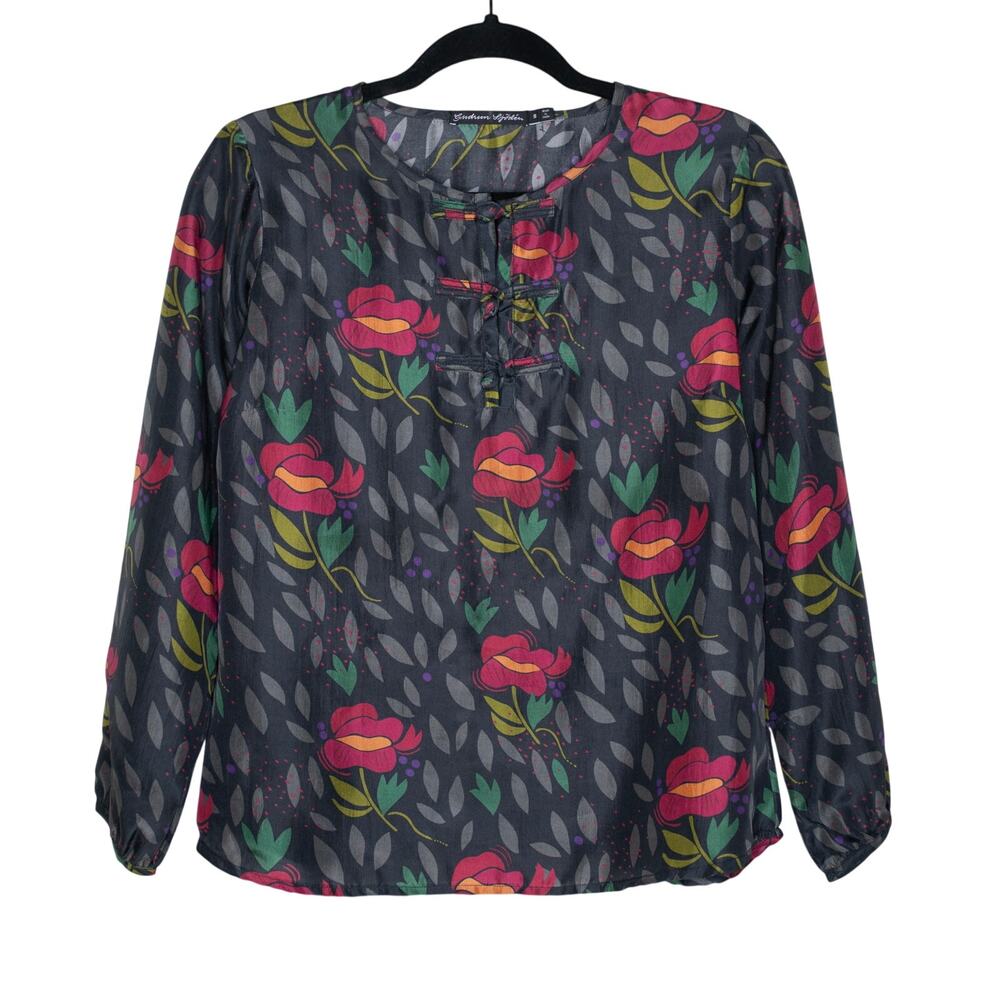 Gudrun Sjodun Kinaros Blouse 100% Silk Floral Print Mandarin Toggles SZ S - Picture 3 of 7